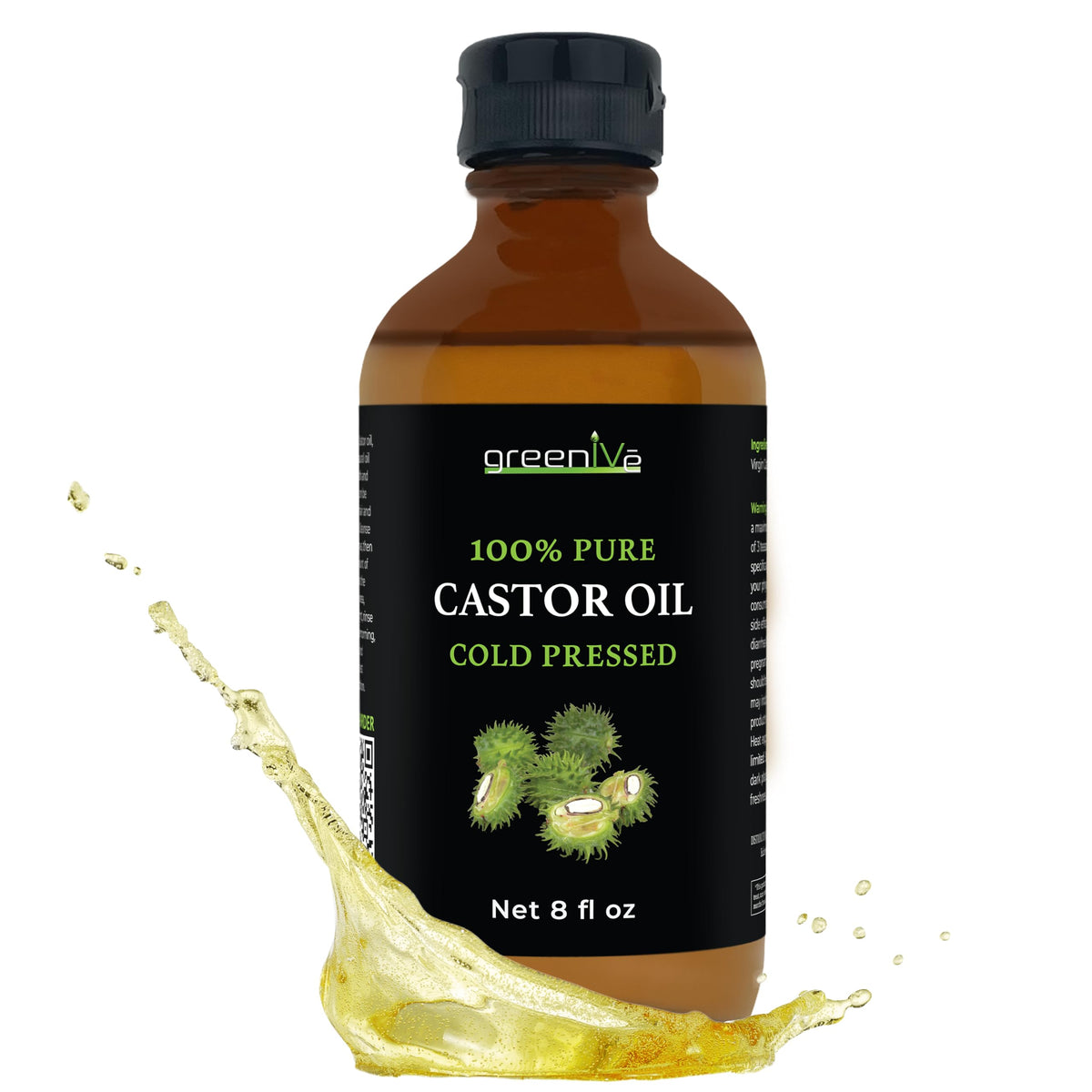 GreenIVe 100% Pure Castor Oil 8 Fl Oz Amber Glass Bottle