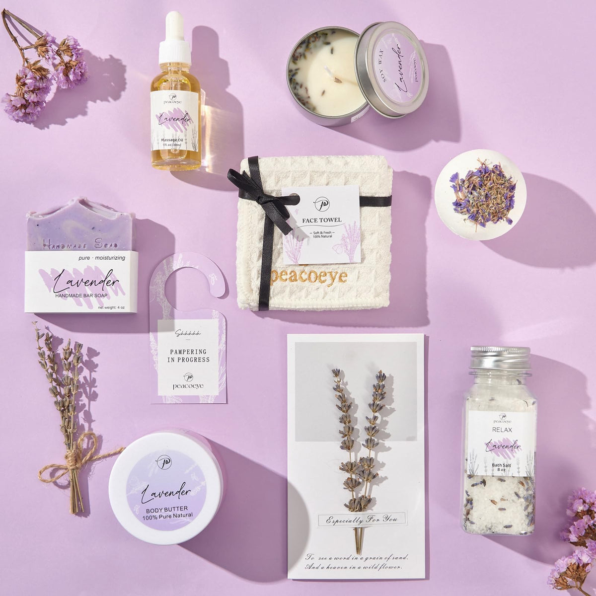 Greeting card included in peacoeye Spa Bath Gift Basket