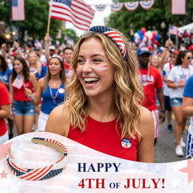 Group of friends wearing Huachi 4th of July headbands at a parade