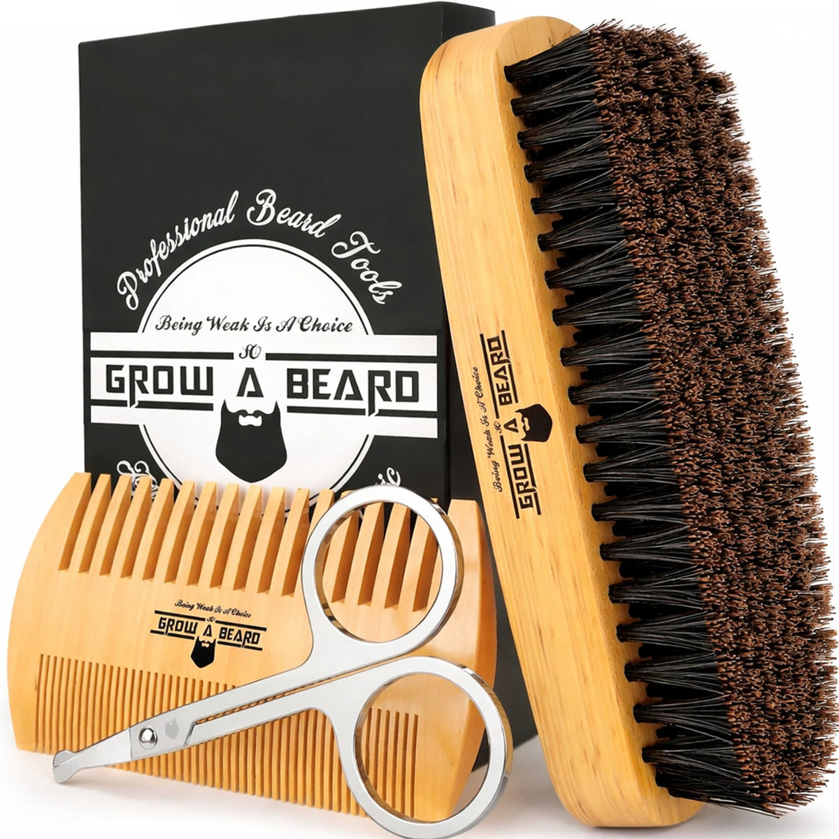 GROW ALPHA BEARD beard brush and comb set with mustache scissors