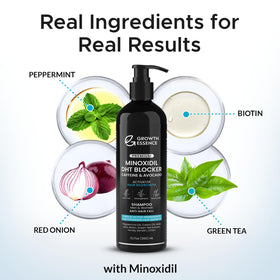 Growth Essence Minoxidil & Biotin Shampoo back view with ingredient list