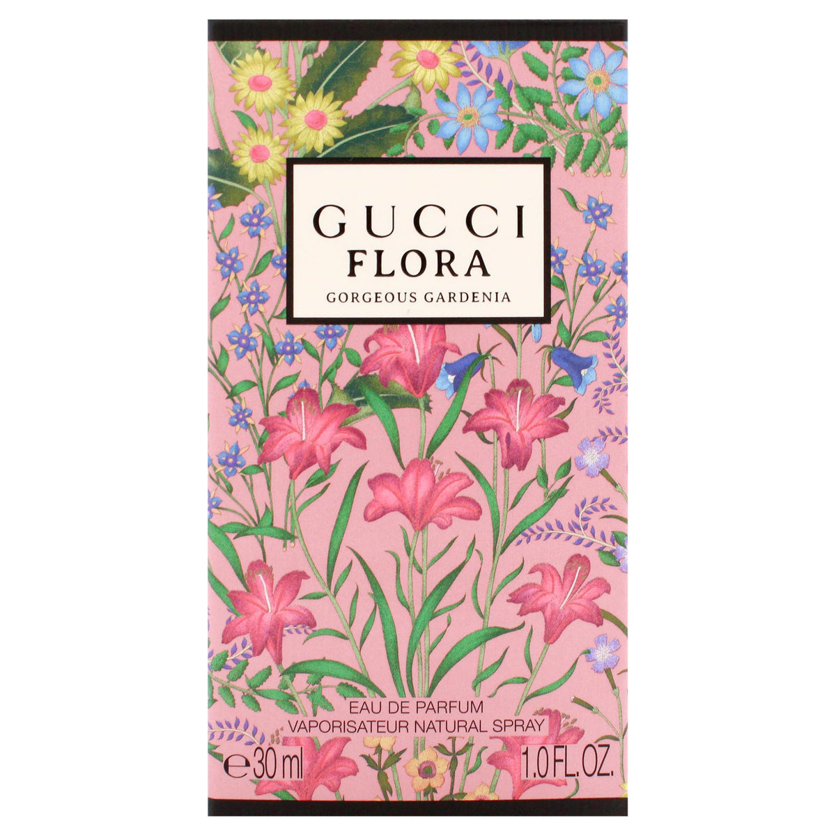 Gucci Flora Gorgeous Gardenia Eau de Parfum 1 oz bottle on a vanity