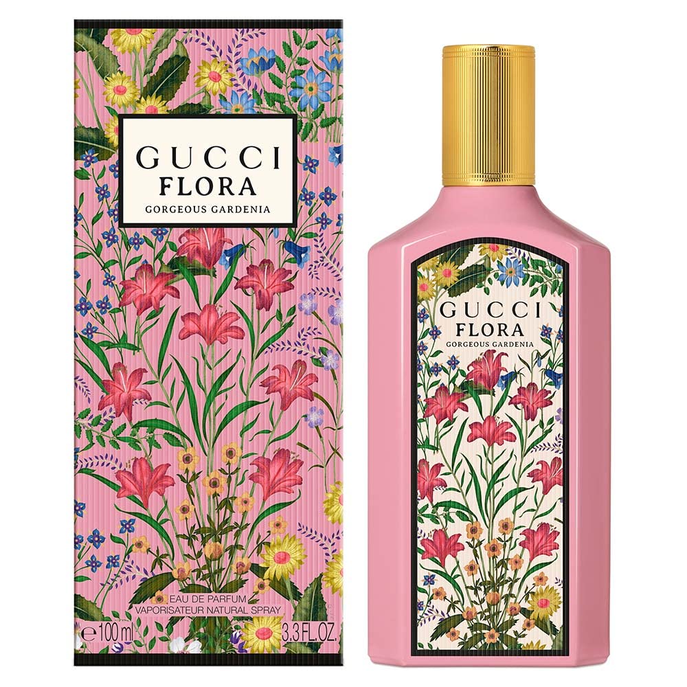 Gucci Flora Gorgeous Gardenia Eau de Parfum 3.3 oz bottle with floral background