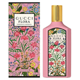 Gucci Flora Gorgeous Gardenia Eau de Parfum 3.3 oz bottle with floral background