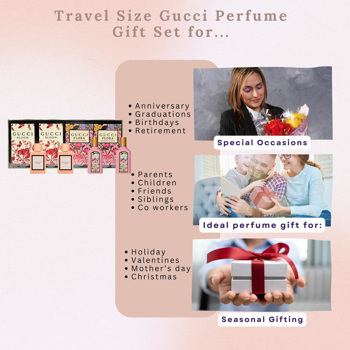 Gucci Women's Variety Fragrance Gift Set displayed with travel accessories