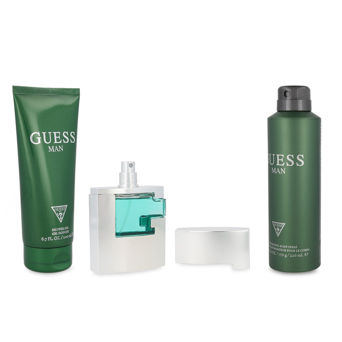 GUESS Man deodorizing body spray 6.0 oz. and shower gel 6.7 oz. packaging