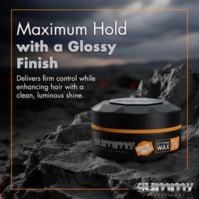 Gummy hair wax in use for a slicked-back style