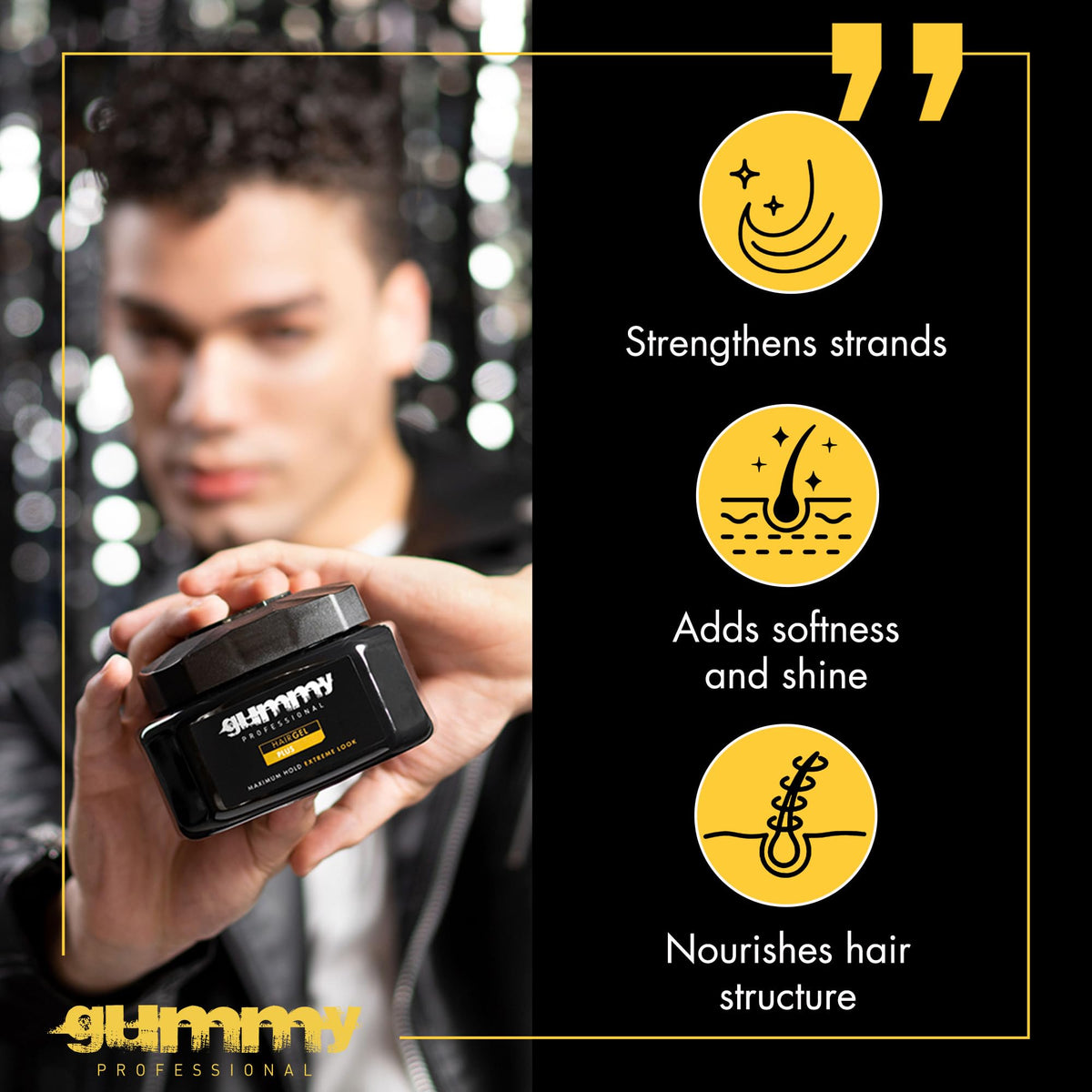 Gummy Professional Plus Hair Gel 700ml on a bathroom counter