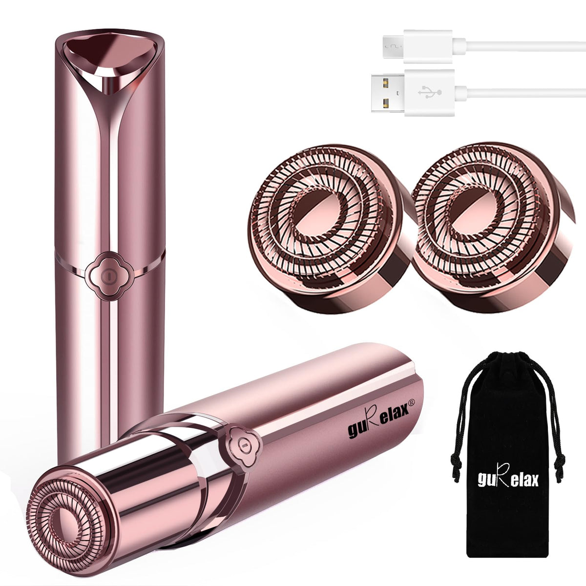 gurelax Facial Hair Remover for Women front view with USB charging cable