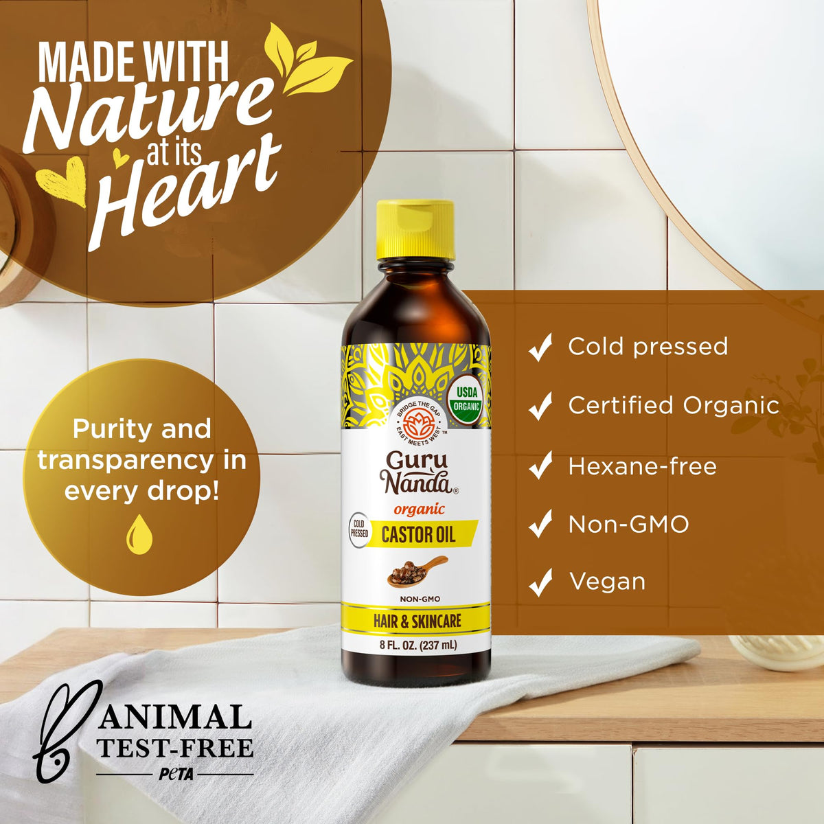 GuruNanda Castor Oil Organic 8 Fl oz on a wooden table