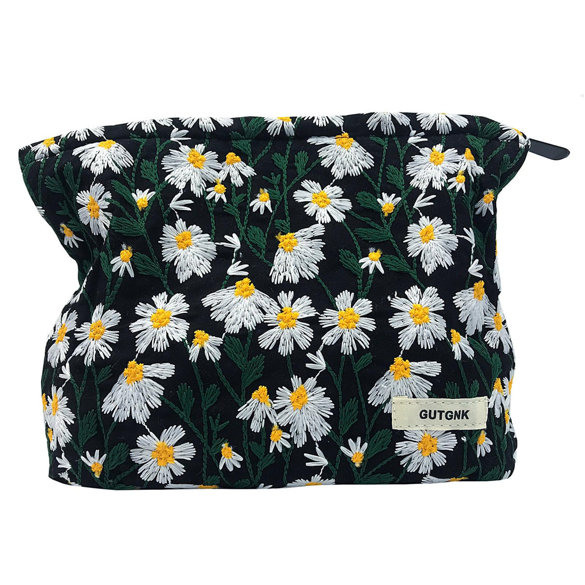 GUTGNK Corduroy Cosmetic Bag front view in Black Chrysanthemum