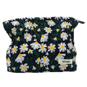 GUTGNK Corduroy Cosmetic Bag front view in Black Chrysanthemum