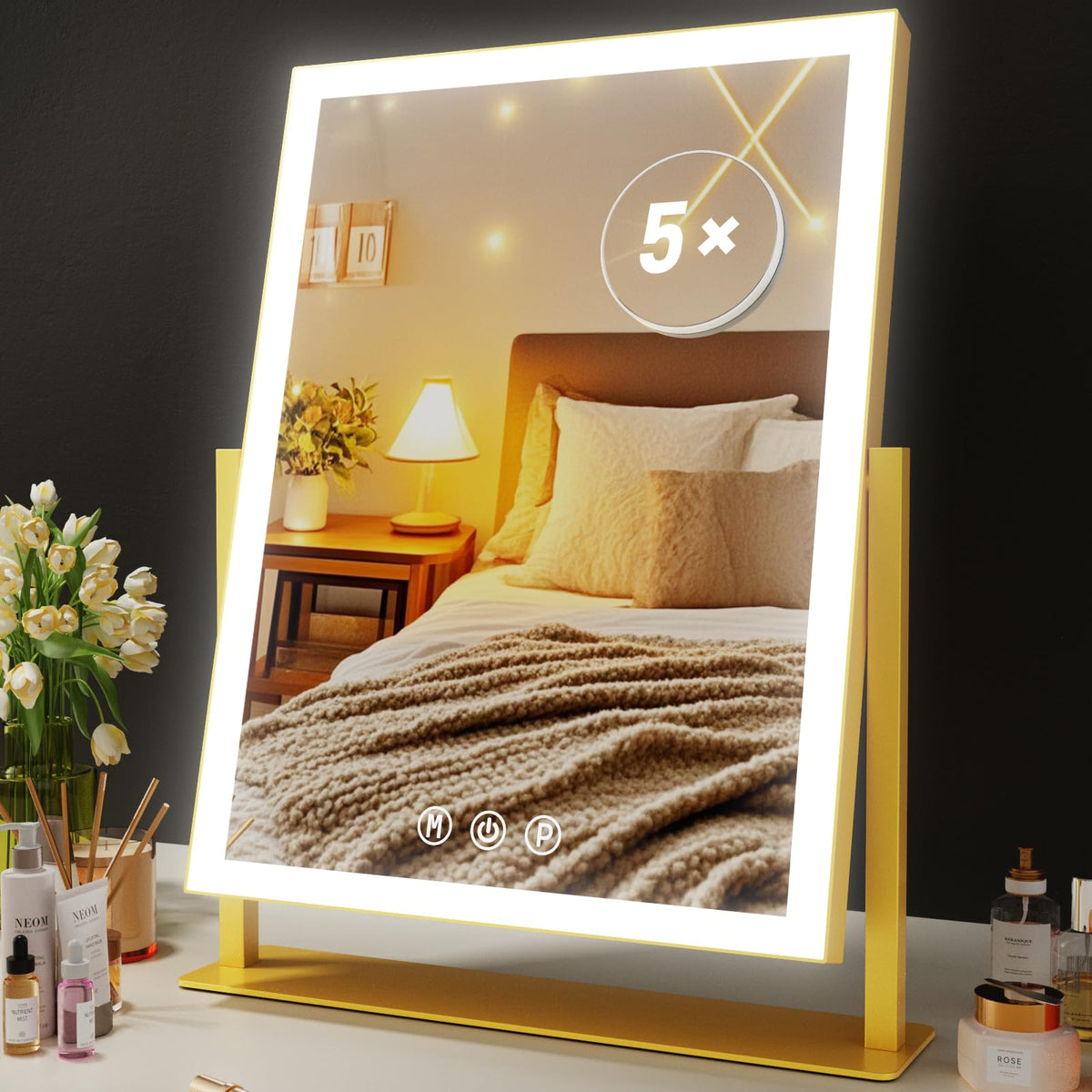Gvnkvn 17.2-inch LED Makeup Vanity Mirror front view in gold