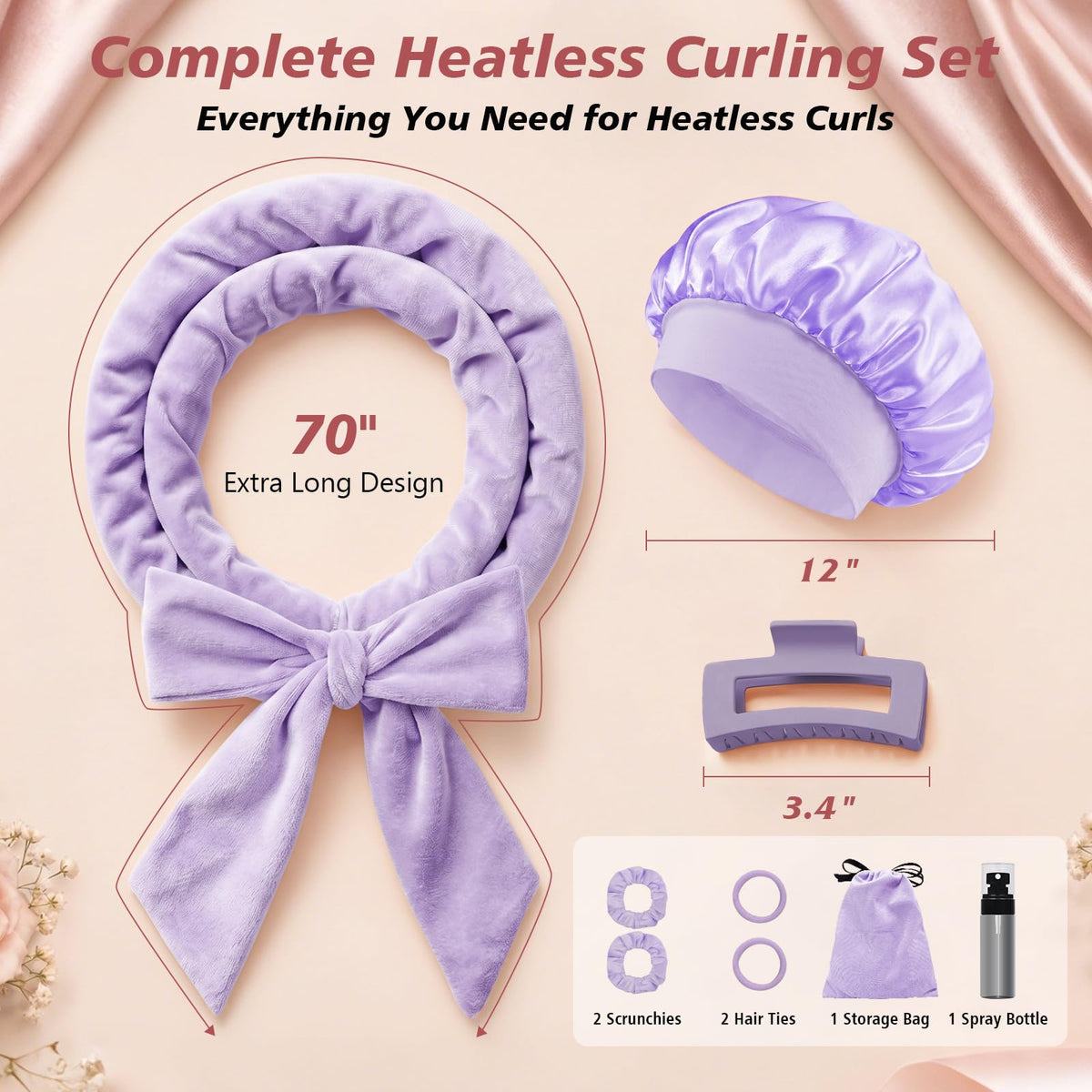 Gwabee heatless curlers laid out with sleep bonnet and hair ties