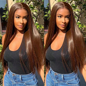 GZX 13x6 Chocolate Brown Straight Lace Front Wig in packaging