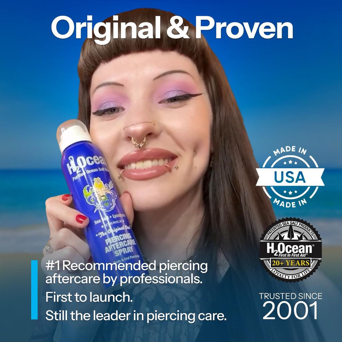 H2Ocean Piercing Aftercare Spray being used on an ear piercing