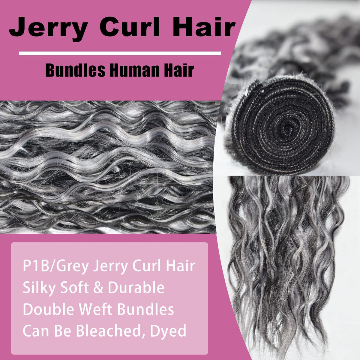 Habiliana Human Hair Bundles 24 Inch Jerry Curly Wave P1B/Grey close-up