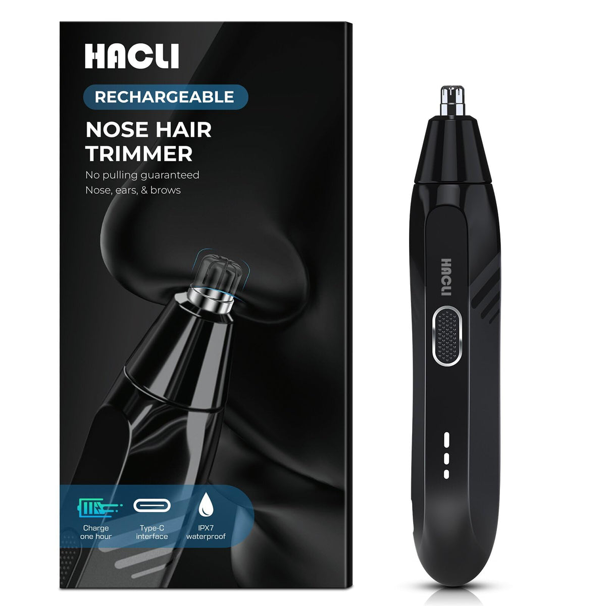 HACLI Nose Hair Trimmer front view with USB charging cable