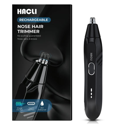 HACLI Nose Hair Trimmer front view with USB charging cable
