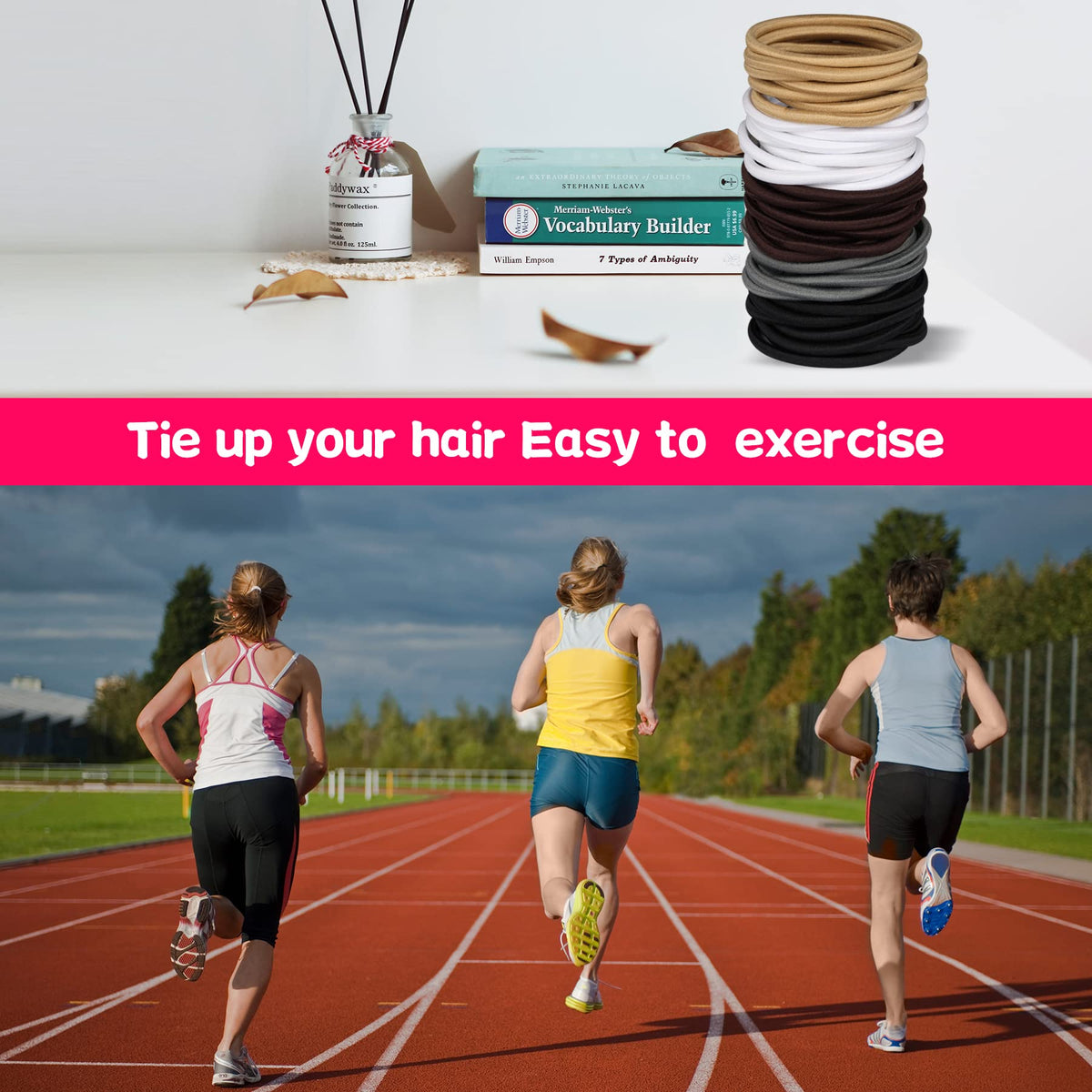 Hageolan elastic hair ties in use for a ponytail