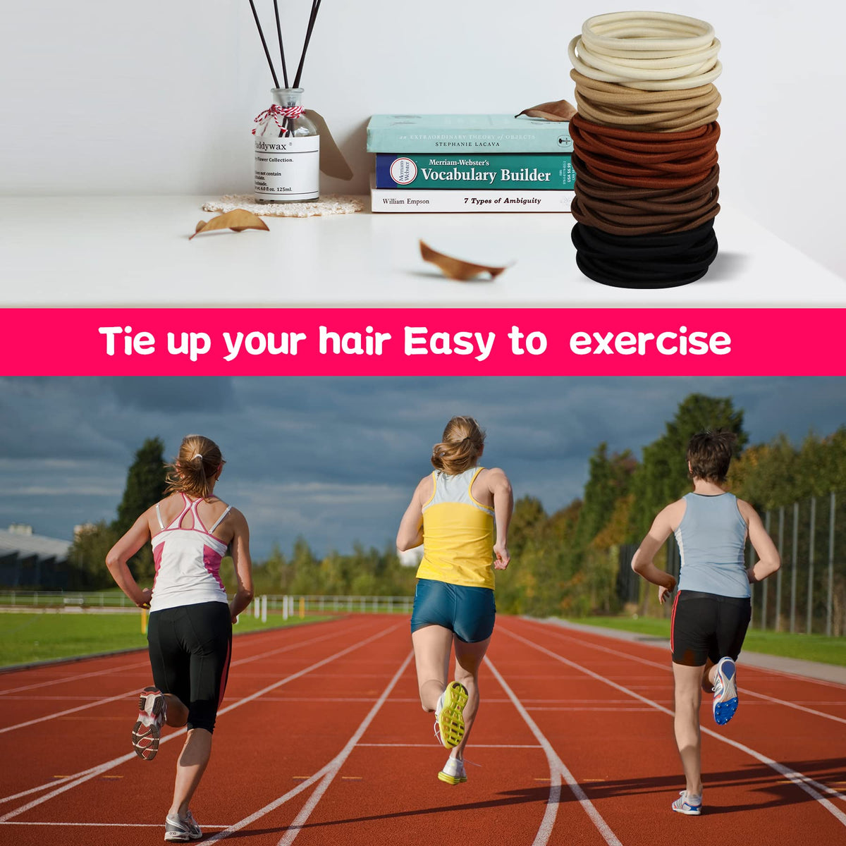 Hageolan hair ties in use for a ponytail during exercise