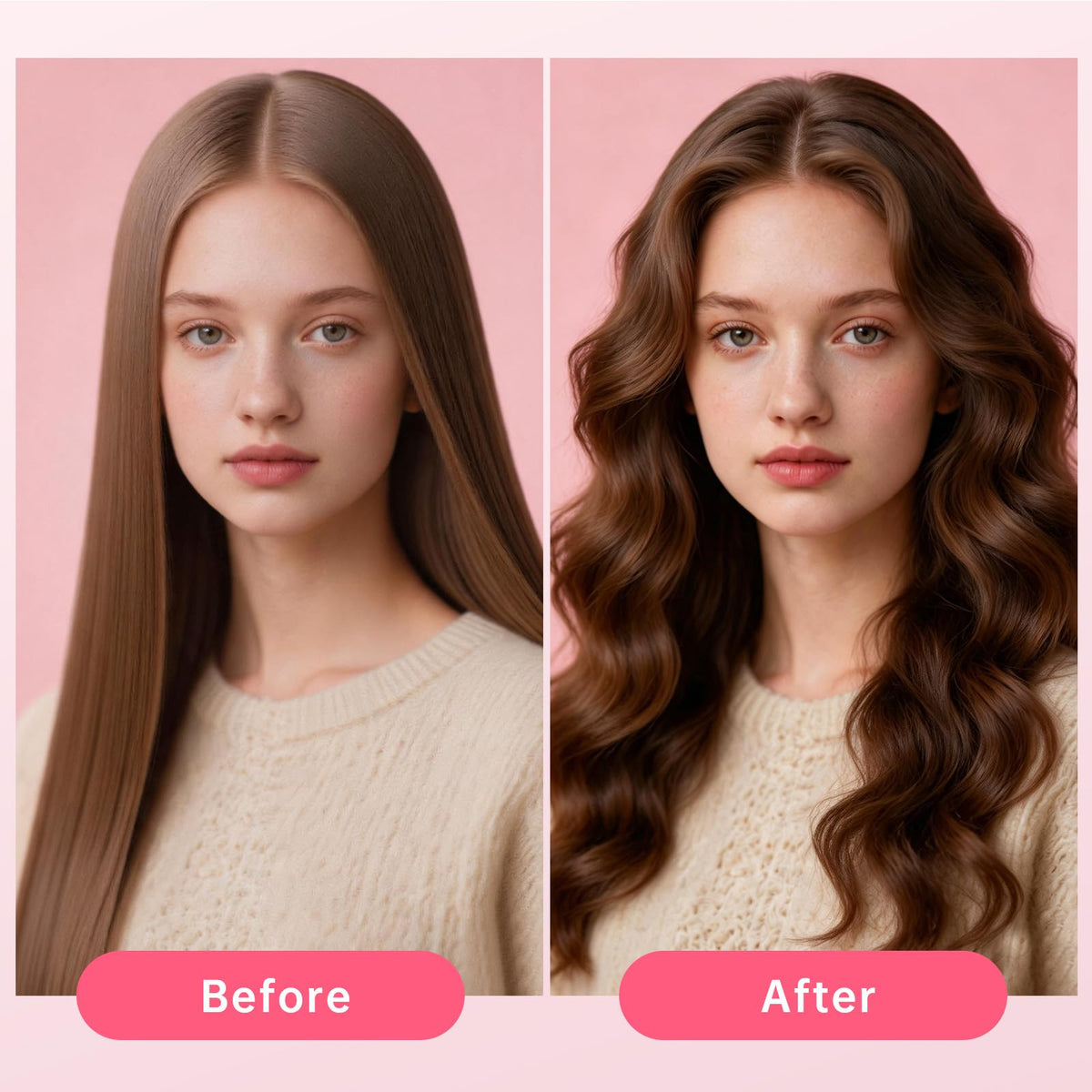 hahahope curling wand in a lifestyle setting with styled hair