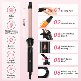 Hahahope curling wand with model showing styled hair