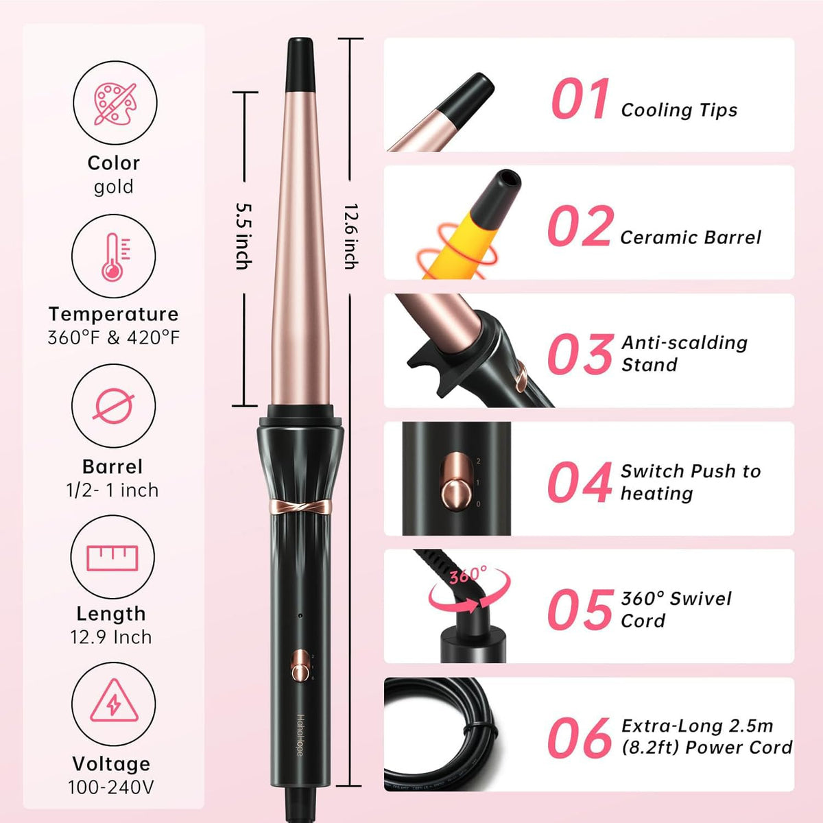 hahahope Tapered Curling Iron with 360° swivel cord