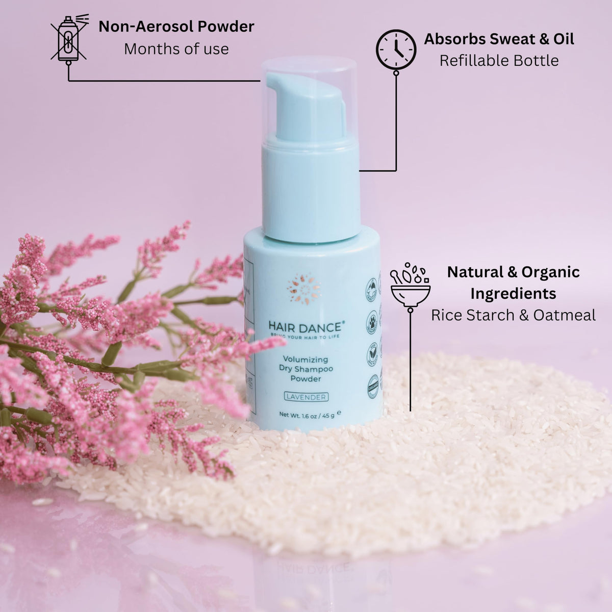 Hair Dance Dry Shampoo Powder packaging with lavender scent