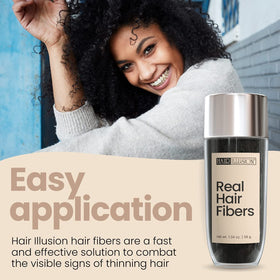 Hair Illusion Hair Building Fibers 38g Jet Black on a bathroom counter