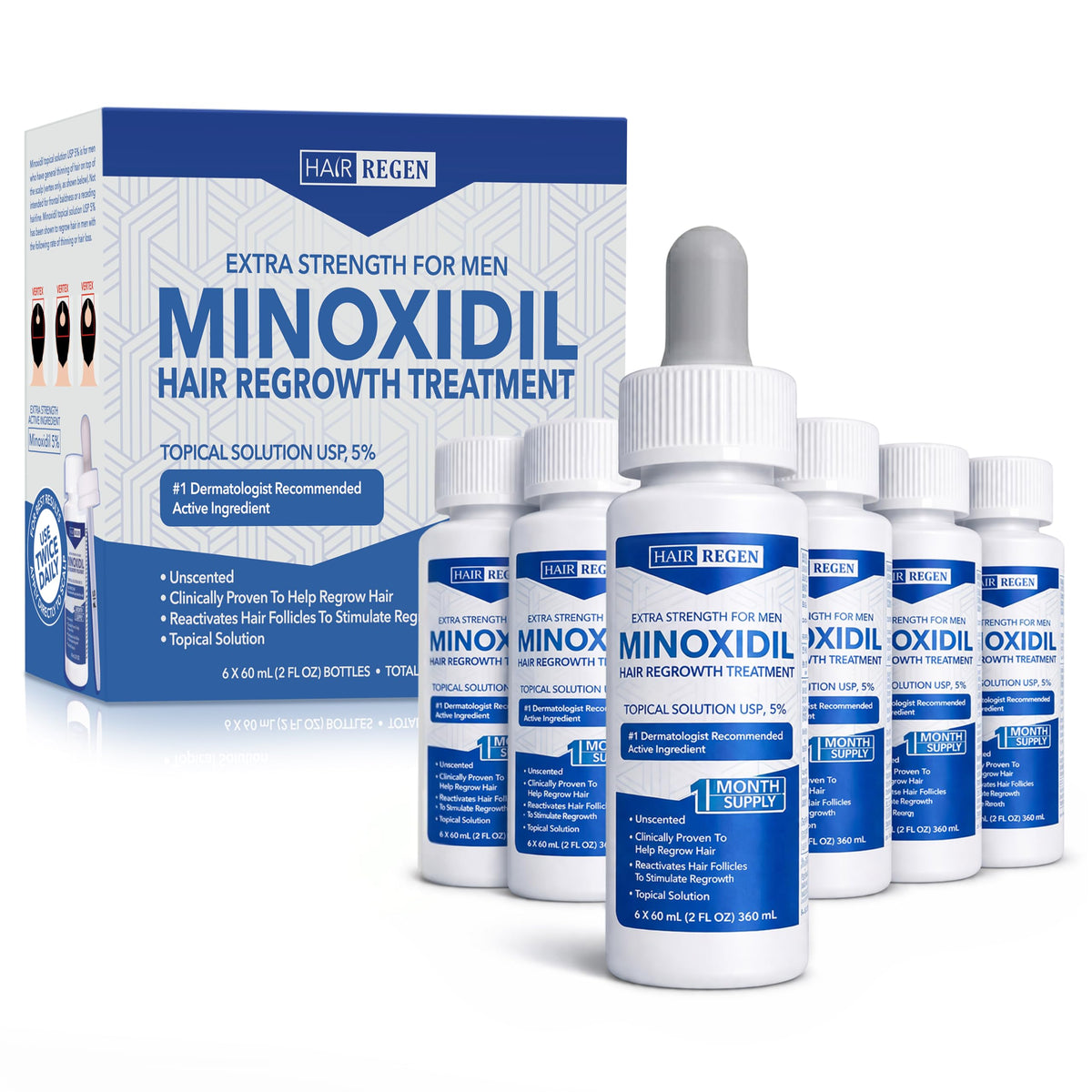 Hair Regen Minoxidil for Men 5% six serum bottles front view