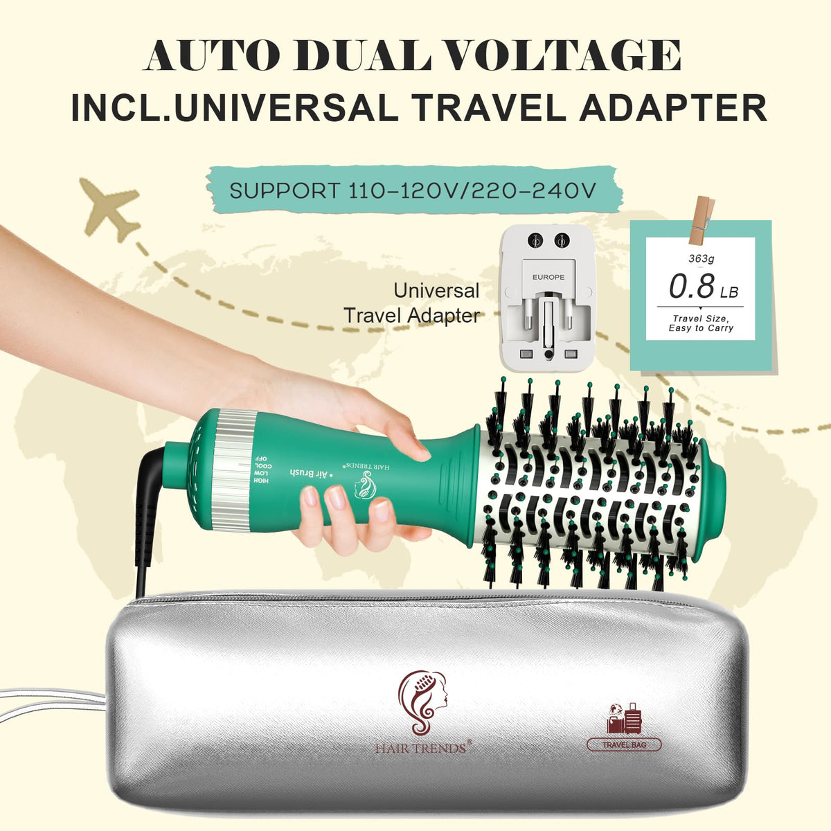 Hair Trends Blow Dryer Brush showing dual voltage feature