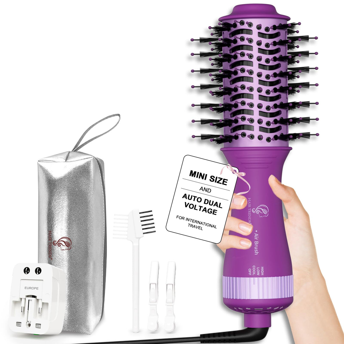 Hair Trends Dual Voltage Travel Hair Dryer Brush front view