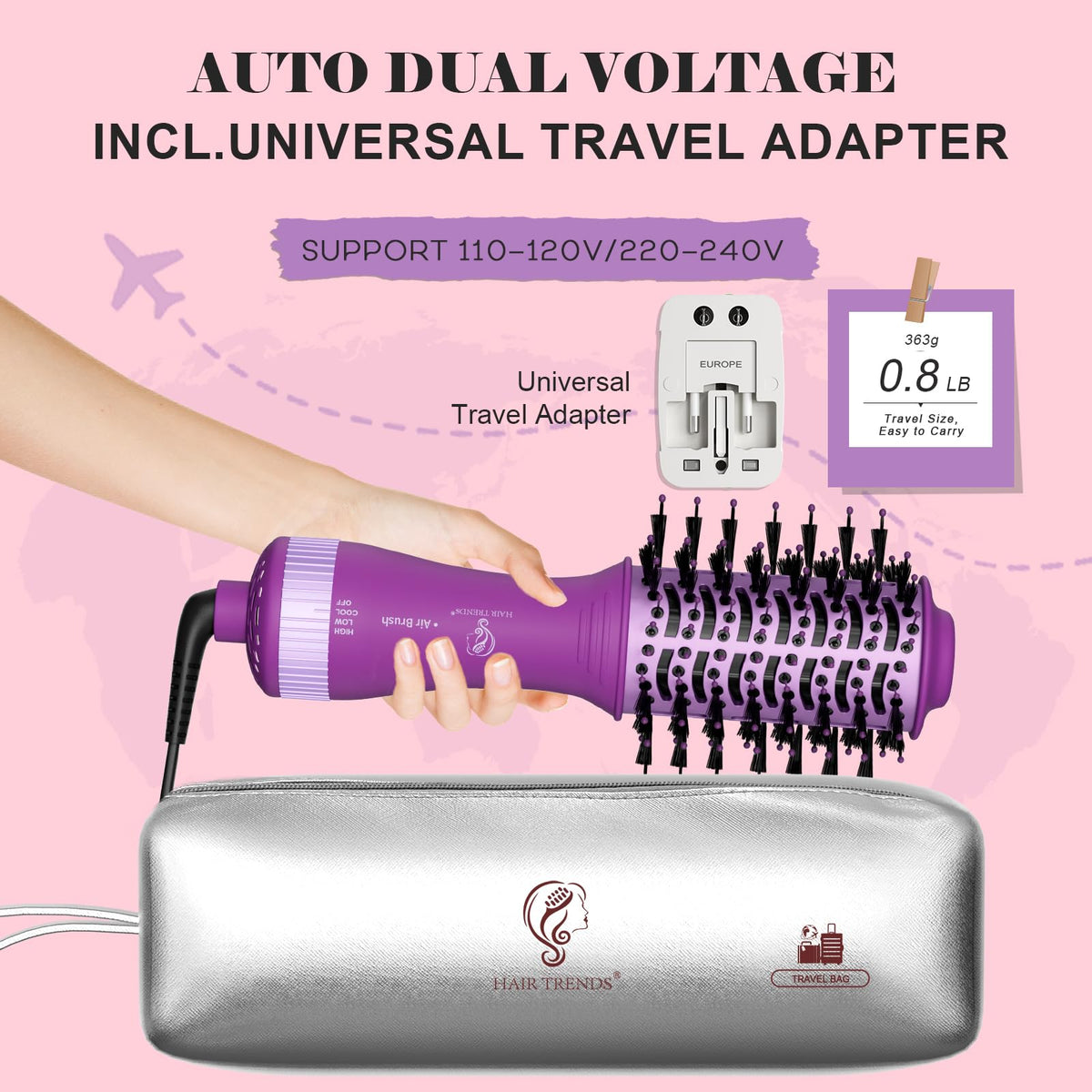 Hair Trends Dual Voltage Travel Hair Dryer Brush side view