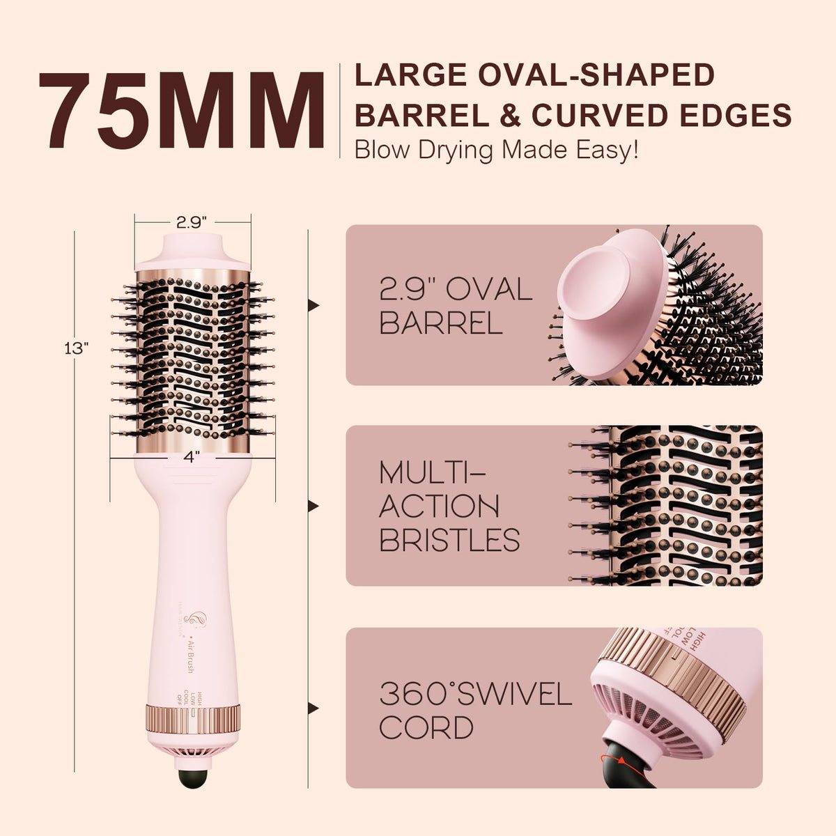 Hair Trends Hot Air Brush Dryer showing 360° swivel cord