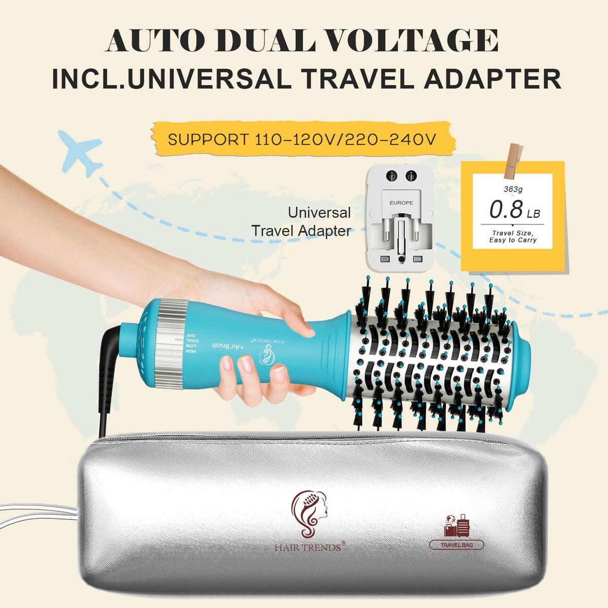 Hair Trends Mini Hot Air Brush with universal power adapter