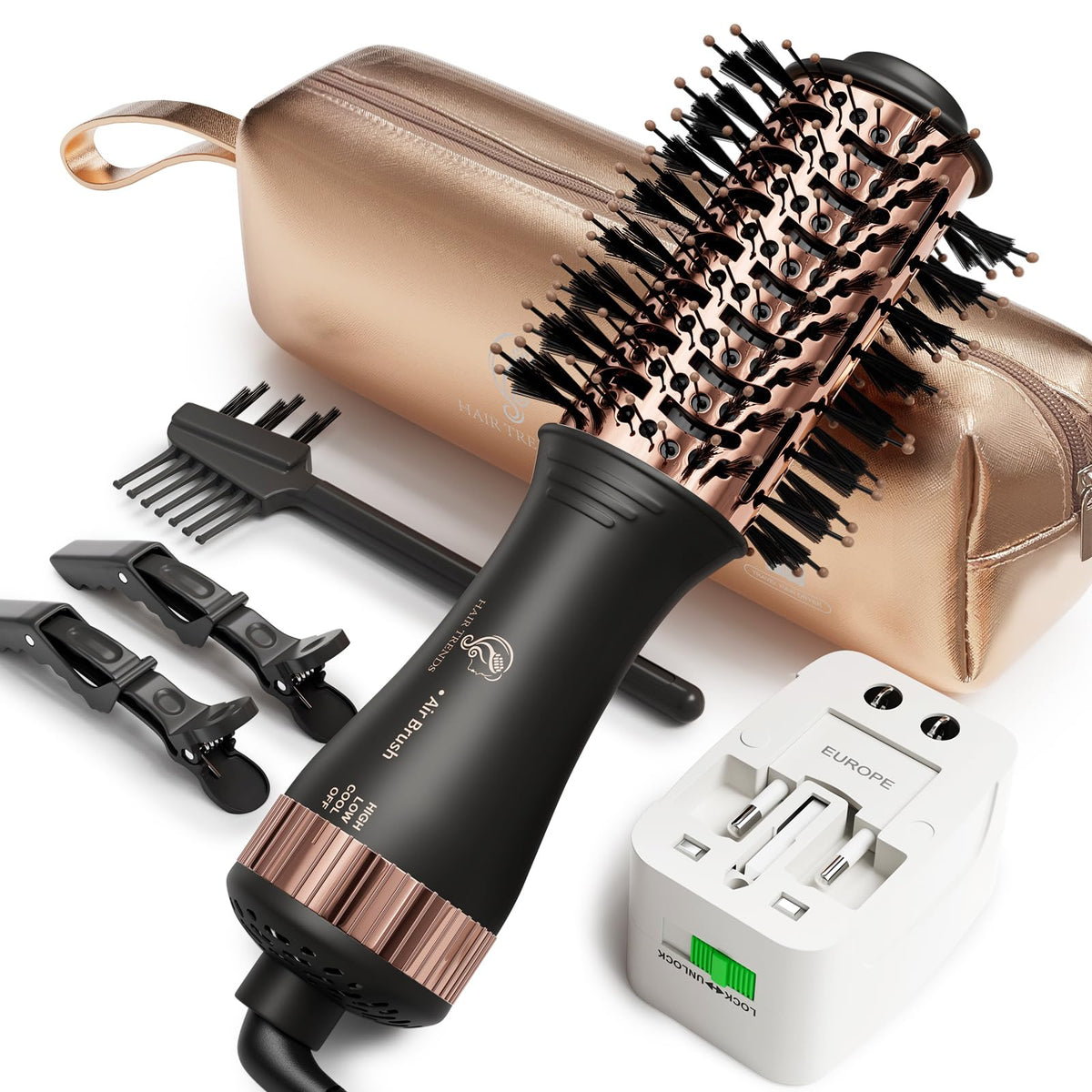 Hair Trends Travel Hair Dryer Brush front view with universal adapter