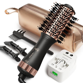 Hair Trends Travel Hair Dryer Brush front view with universal adapter