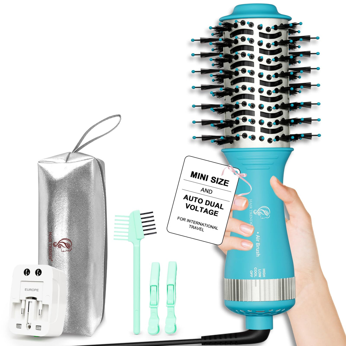 Hair Trends Travel Size Mini Hot Air Dryer Straightener & Curler Brush front view