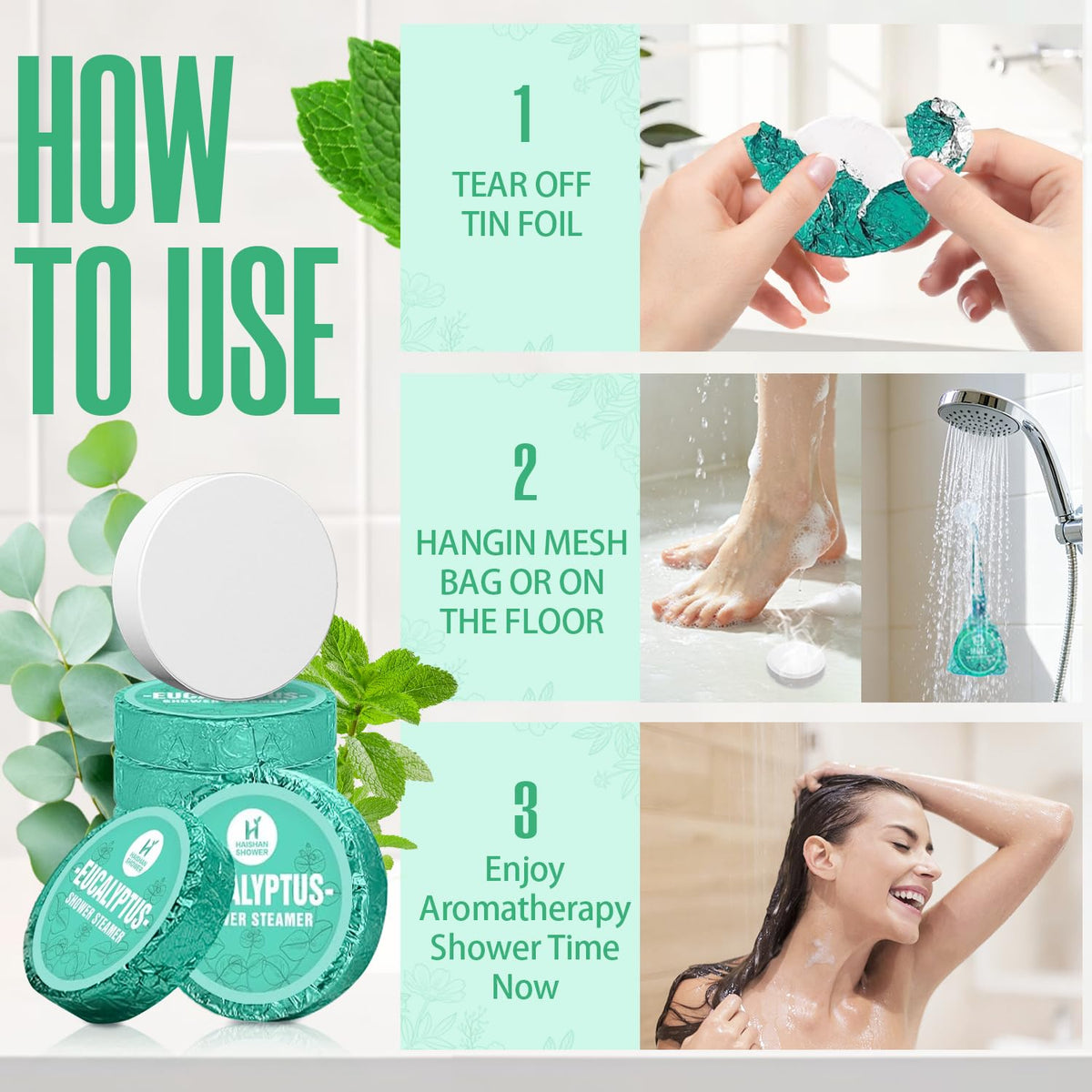 HAISHAN SHOWER Eucalyptus Mint Shower Steamer on a bathroom shelf