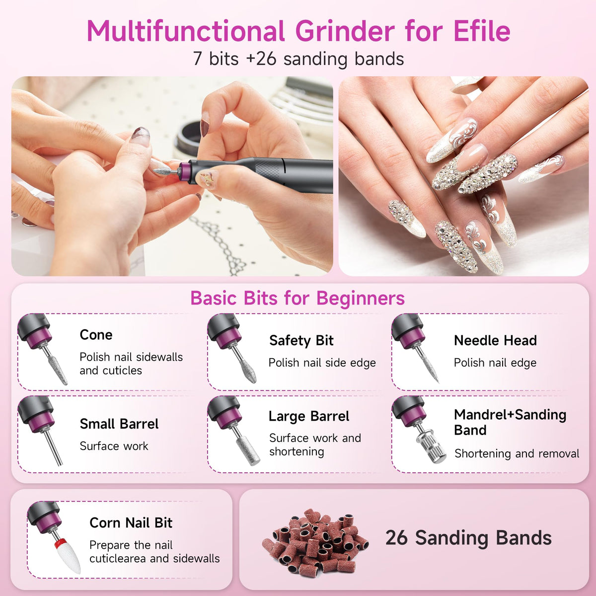 Halmai Electric Nail Drill accessories and bits laid out