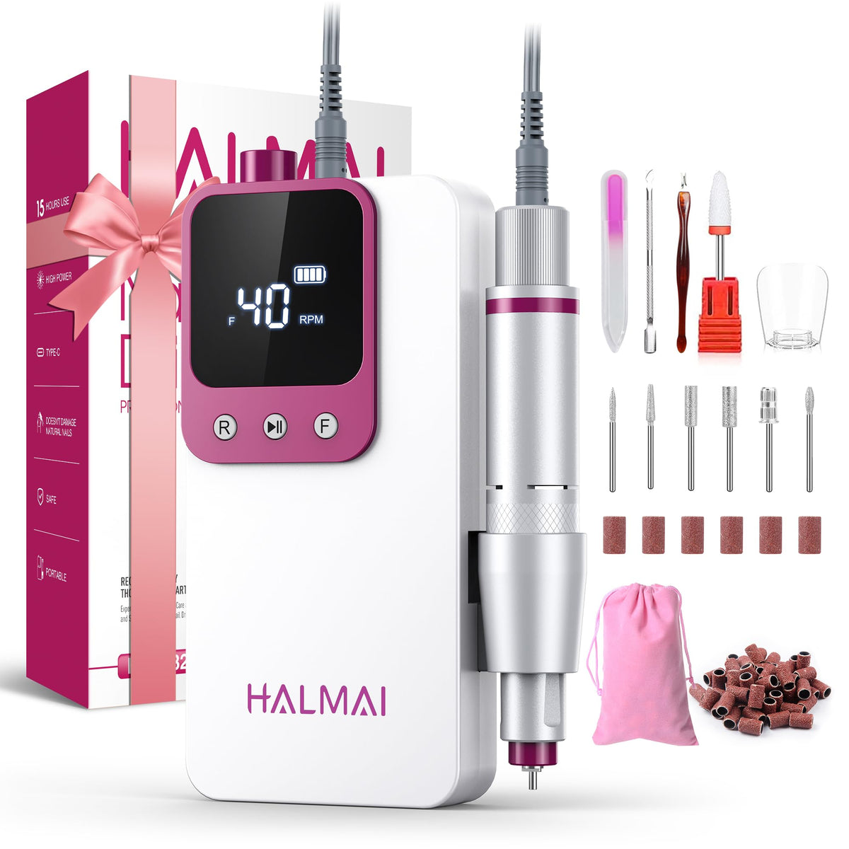 Halmai Electric Nail Drill front view with LCD display