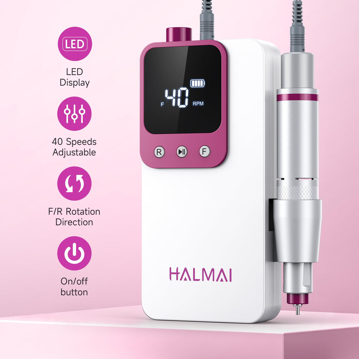 Halmai Electric Nail Drill in a hand demonstrating portability