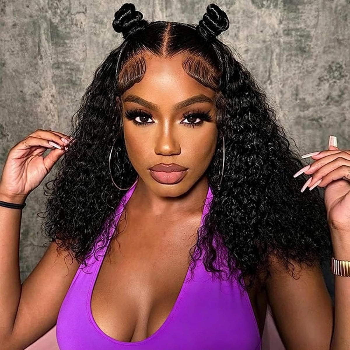 HaloQueen Hair 16 Inch Deep Wave Lace Front Wig front view with natural curls