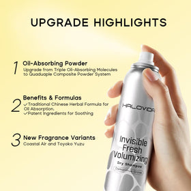 HALOVIDA Invisible Dry Shampoo in a stylish bathroom setting