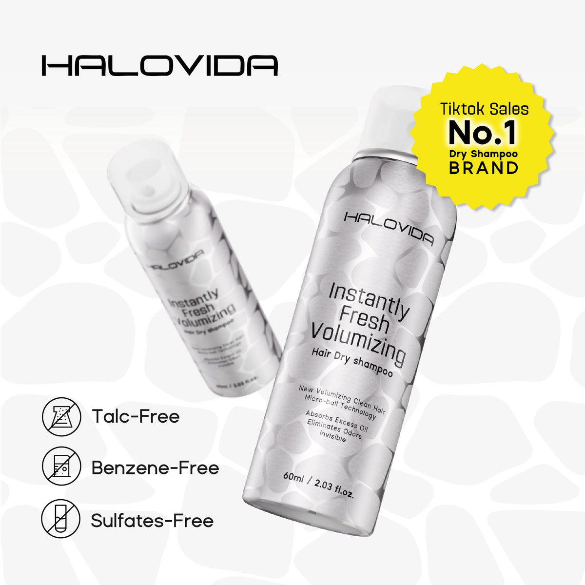 HALOVIDA Invisible Dry Shampoo packaging with ingredients