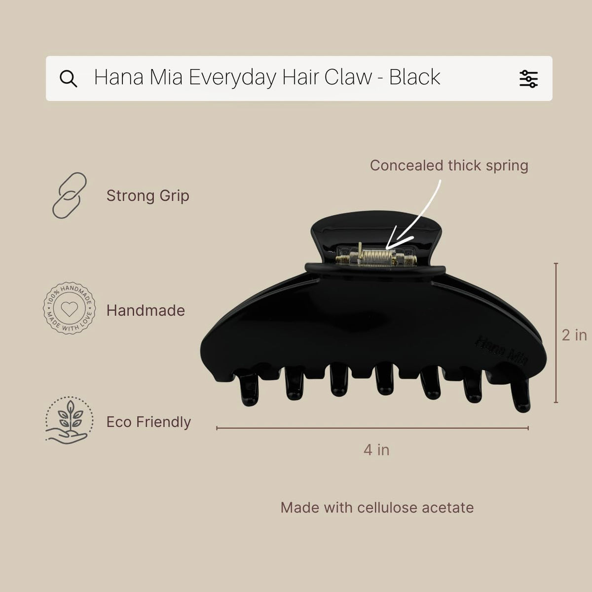 Hana Mia black claw clip displayed on a flat surface