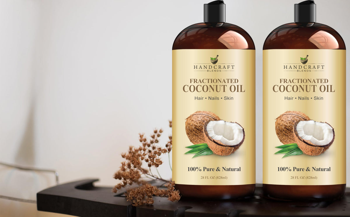 Handcraft Blends Fractionated Coconut Oil 28 Fl Oz with coconut background
