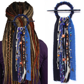 Handmade dreadlock hair tie with wooden beads and natural stones