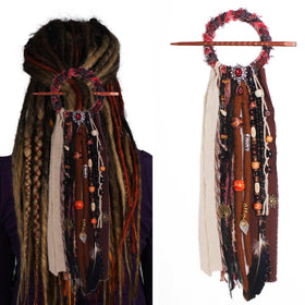 Handmade dreadlock hair tie with wooden beads and natural stones